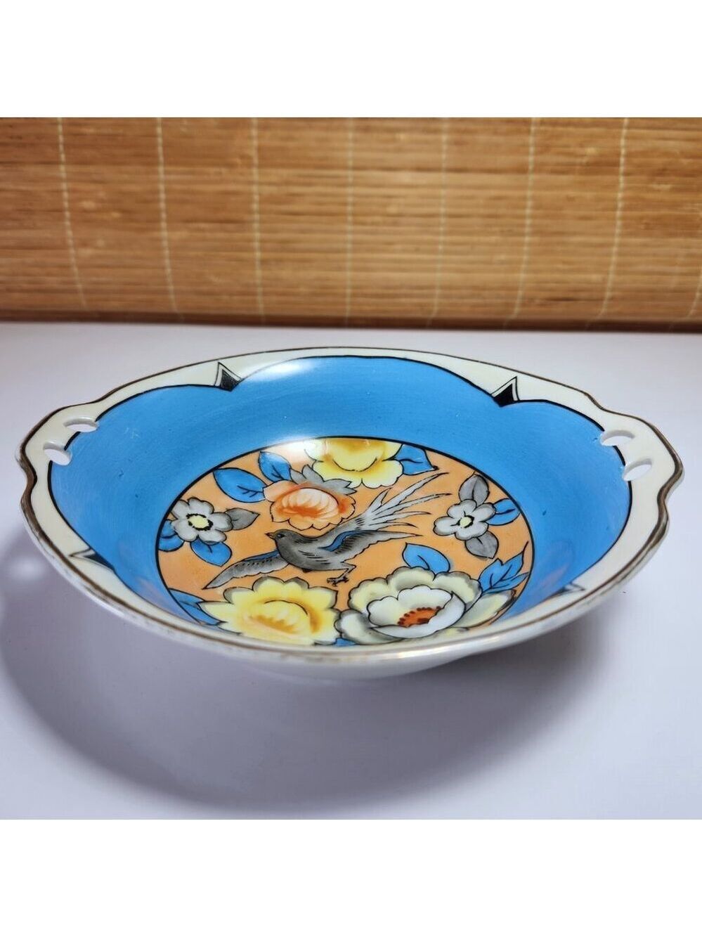 Antique Noritake Red M Wreath Bowl • Hand Painted Bird Floral • 1910s Japan